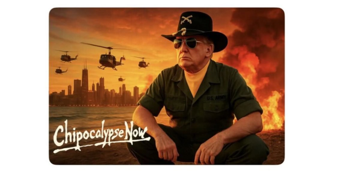 Donald Trump manipulerad till Apocalypse Now, med Chicago i bakgrunden. Foto: Thruth Social/Trump. Donald Trump manipulerad till Apocalypse Now, med Chicago i bakgrunden. Foto: Thruth Social/Trump.