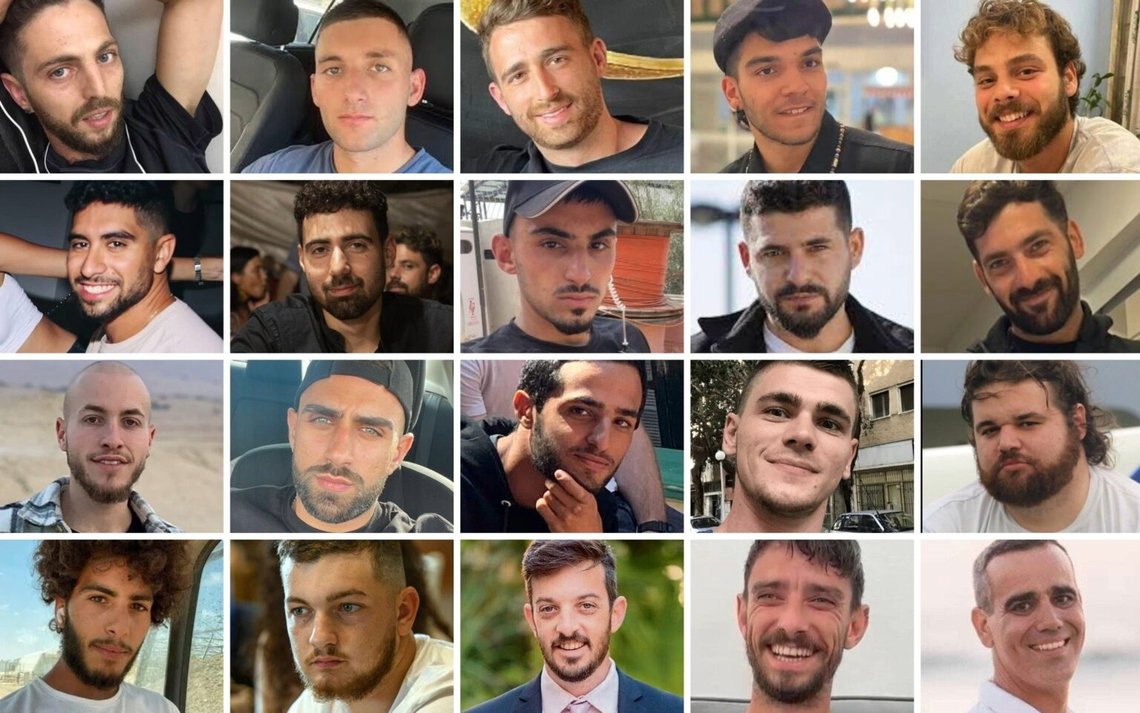 De 20 levande gisslan som friges den 13 oktober 2025: Första raden, från vänster: Elkana Bohbot, Matan Angrest, Avinatan Or, Yosef-Haim Ohana, Alon Ohel. Andra raden, från vänster: Evyatar David, Guy Gilboa-Dalal, Rom Braslavski, Gali Berman, Ziv Berman. Tredje raden, från vänster: Eitan Mor, Segev Kalfon, Nimrod Cohen, Maxim Herkin, Eitan Horn. Sista raden, från vänster: Matan Zangauker, Bar Kupershtein, David Cunio, Ariel Cunio, Omri Miran. De 20 levande gisslan som friges den 13 oktober 2025: Första raden, från vänster: Elkana Bohbot, Matan Angrest, Avinatan Or, Yosef-Haim Ohana, Alon Ohel. Andra raden, från vänster: Evyatar David, Guy Gilboa-Dalal, Rom Braslavski, Gali Berman, Ziv Berman. Tredje raden, från vänster: Eitan Mor, Segev Kalfon, Nimrod Cohen, Maxim Herkin, Eitan Horn. Sista raden, från vänster: Matan Zangauker, Bar Kupershtein, David Cunio, Ariel Cunio, Omri Miran.