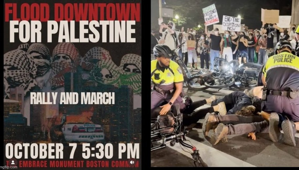 Flygblad för pro-palestinsk demonstration i Boston den 7 oktober 2025. Foto: Skärmdump av Boston-polisen under våldsamma protester. Flygblad för pro-palestinsk demonstration i Boston den 7 oktober 2025. Foto: Skärmdump av Boston-polisen under våldsamma protester.