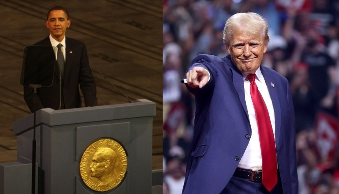 USA:s president Barack Obama vid Nobels fredsprisutdelning i Oslo den 10 december 2009. Foto: Wikimedia. USA:s president Donald Trump talar vid ett kampanjmöte i Desert Diamond Arena i Glendale, Arizona, den 23 augusti 2024. Foto: Wikimedia. USA:s president Barack Obama vid Nobels fredsprisutdelning i Oslo den 10 december 2009. Foto: Wikimedia. USA:s president Donald Trump talar vid ett kampanjmöte i Desert Diamond Arena i Glendale, Arizona, den 23 augusti 2024. Foto: Wikimedia.