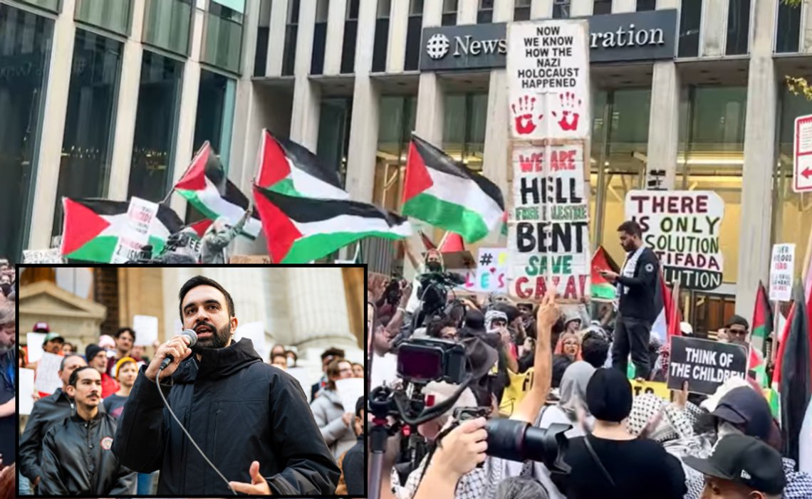 Foto: Skärmdump från anti-israelisk demonstration i New York på tvåårsdagen av Hamas attack den 7 oktober. Med hatiska slagord som "Nu vet vi varför nazisternas Förintelsen inträffade". Infälld bild: Zohran Mamdani vid demonstrationen Resist Fascism i Bryant Park den 27 oktober 2024. Foto: Skärmdump från anti-israelisk demonstration i New York på tvåårsdagen av Hamas attack den 7 oktober. Med hatiska slagord som "Nu vet vi varför nazisternas Förintelsen inträffade". Infälld bild: Zohran Mamdani vid demonstrationen Resist Fascism i Bryant Park den 27 oktober 2024.