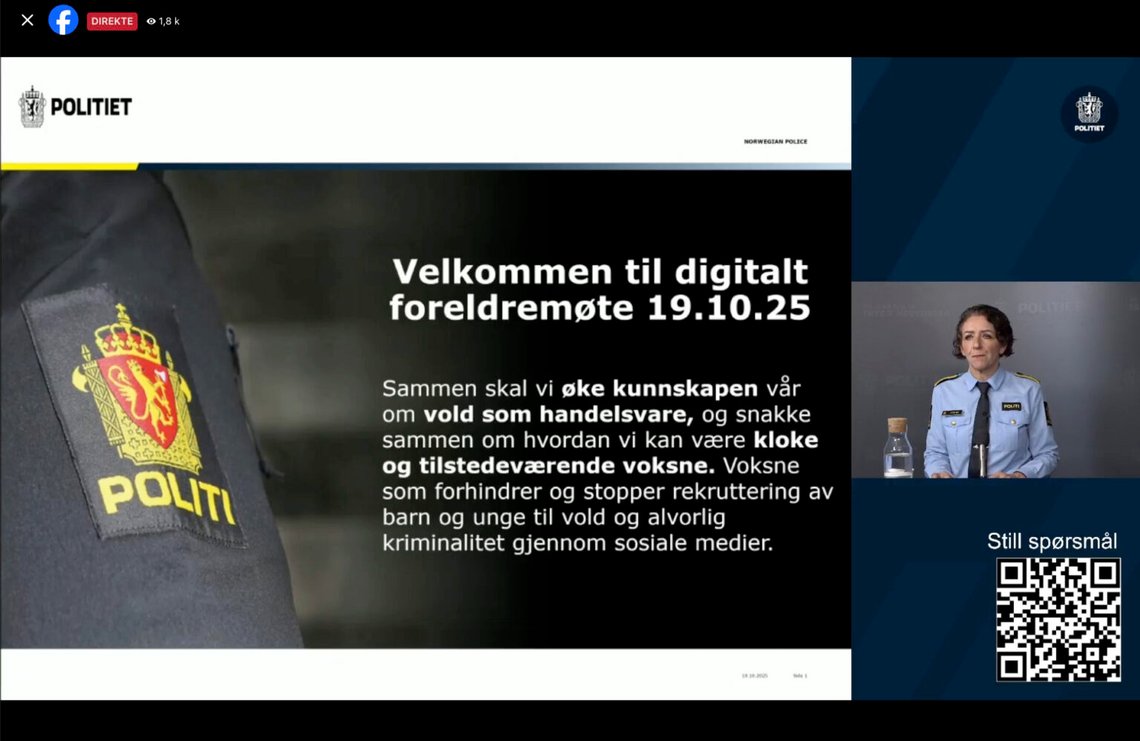 Astri Johanne Holm, sektionsledare för den lokala polissektionen i Oslos sju östra distrikt, ledde det digitala föräldramötet som Oslopolisen höll på flera digitala plattformar på söndagseftermiddagen. Foto: Skärmdump Facebook / Politiet / NTB Astri Johanne Holm, sektionsledare för den lokala polissektionen i Oslos sju östra distrikt, ledde det digitala föräldramötet som Oslopolisen höll på flera digitala plattformar på söndagseftermiddagen. Foto: Skärmdump Facebook / Politiet / NTB