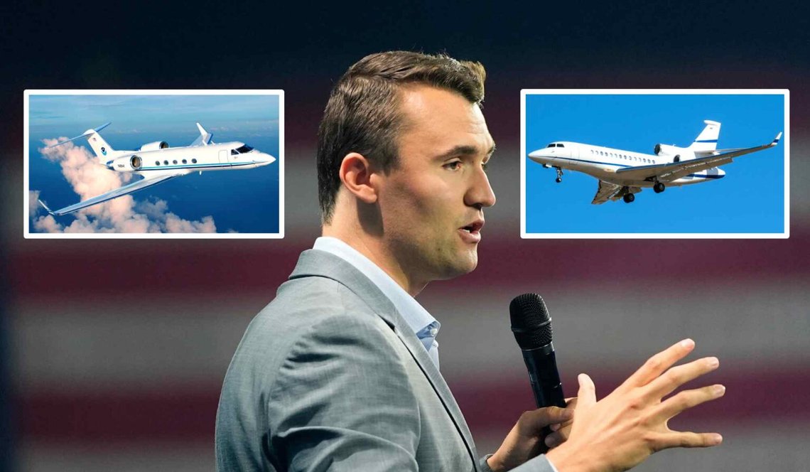 Charlie Kirk talar vid Turning Point Believers' Summit i Florida i juli 2024. I bilden ser vi privata jetplan av typen Gulfstream IV (vänster) och Dassault Falcon 7X (höger). Foto: Alex Brandon/AP. Infällt: WikiMedia Commons Charlie Kirk talar vid Turning Point Believers' Summit i Florida i juli 2024. I bilden ser vi privata jetplan av typen Gulfstream IV (vänster) och Dassault Falcon 7X (höger). Foto: Alex Brandon/AP. Infällt: WikiMedia Commons