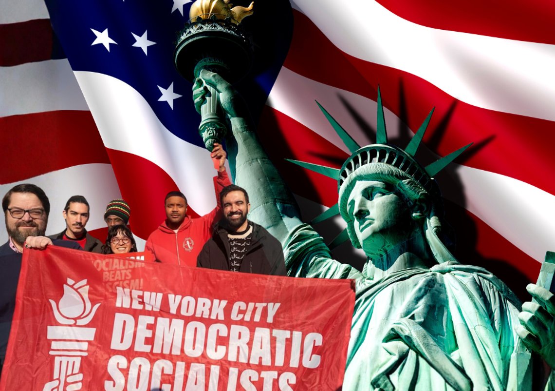 Fotomontage: Frihetsgudinnan och Zohran Mamdani med medlemmar av Democratic Socialists of America. Fotomontage: Frihetsgudinnan och Zohran Mamdani med medlemmar av Democratic Socialists of America.