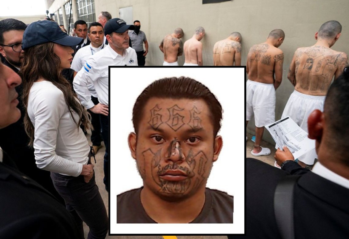 USA:s minister för inrikes säkerhet Kristi Noem besöker terroristfångcentret (CECOT) med El Salvadors justitie- och säkerhetsminister Gustavo Villatoro i Tecoluca, El Salvador, 26 mars 2025. Fängslade medlemmar av 18th Street-gänget syns i bakgrunden. Foto: Wikimedia. Infälld bild: Antonio Israel Lazo-Quintanilla, medlem av 18th Street-gänget. Foto: ICE. USA:s minister för inrikes säkerhet Kristi Noem besöker terroristfångcentret (CECOT) med El Salvadors justitie- och säkerhetsminister Gustavo Villatoro i Tecoluca, El Salvador, 26 mars 2025. Fängslade medlemmar av 18th Street-gänget syns i bakgrunden. Foto: Wikimedia. Infälld bild: Antonio Israel Lazo-Quintanilla, medlem av 18th Street-gänget. Foto: ICE.