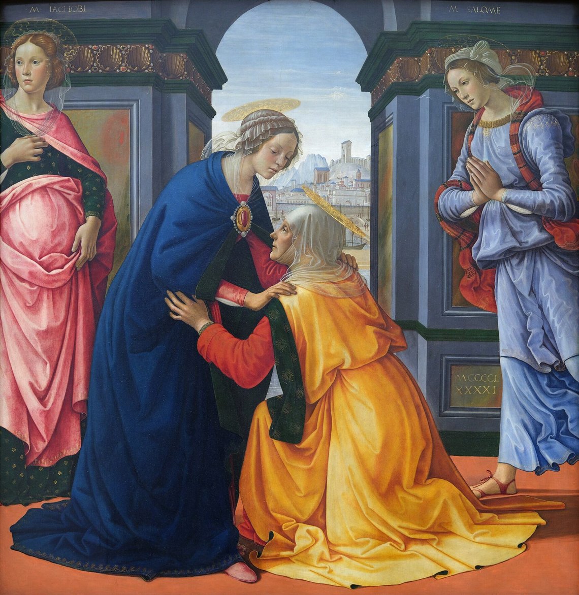 Domenico Ghirlandaio (1448–1494), "Marias besök" (till Elisabet), efter Lukas 1:39f – Louvren, Paris. Domenico Ghirlandaio (1448–1494), "Marias besök" (till Elisabet), efter Lukas 1:39f – Louvren, Paris.
