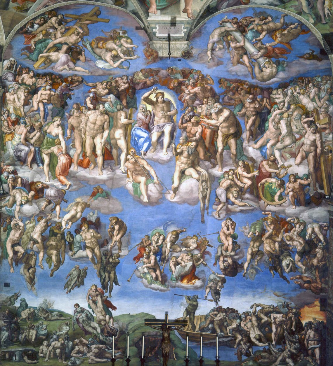 Michelangelo (1536-1541), "Den yttersta domen", fresk, altarvägg i Sixtinska kapellet. Michelangelo (1536-1541), "Den yttersta domen", fresk, altarvägg i Sixtinska kapellet.