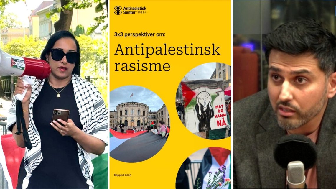 Så kallad anti-palestinsk rasism är ett nytt fokusområde från Antirasistiskt Center. Det är rasism som påstås drabba palestinier och människor som uppfattas ha kopplingar till den palestinska saken. Till höger syns Umar Ashraf, chef för Antirasistisk Senter, medan rådgivaren Sofia Rana (vänster) är en övertygad Gazaaktivist. Fotokollage: ARS, NRK TV och sociala medier. Så kallad anti-palestinsk rasism är ett nytt fokusområde från Antirasistiskt Center. Det är rasism som påstås drabba palestinier och människor som uppfattas ha kopplingar till den palestinska saken. Till höger syns Umar Ashraf, chef för Antirasistisk Senter, medan rådgivaren Sofia Rana (vänster) är en övertygad Gazaaktivist. Fotokollage: ARS, NRK TV och sociala medier.