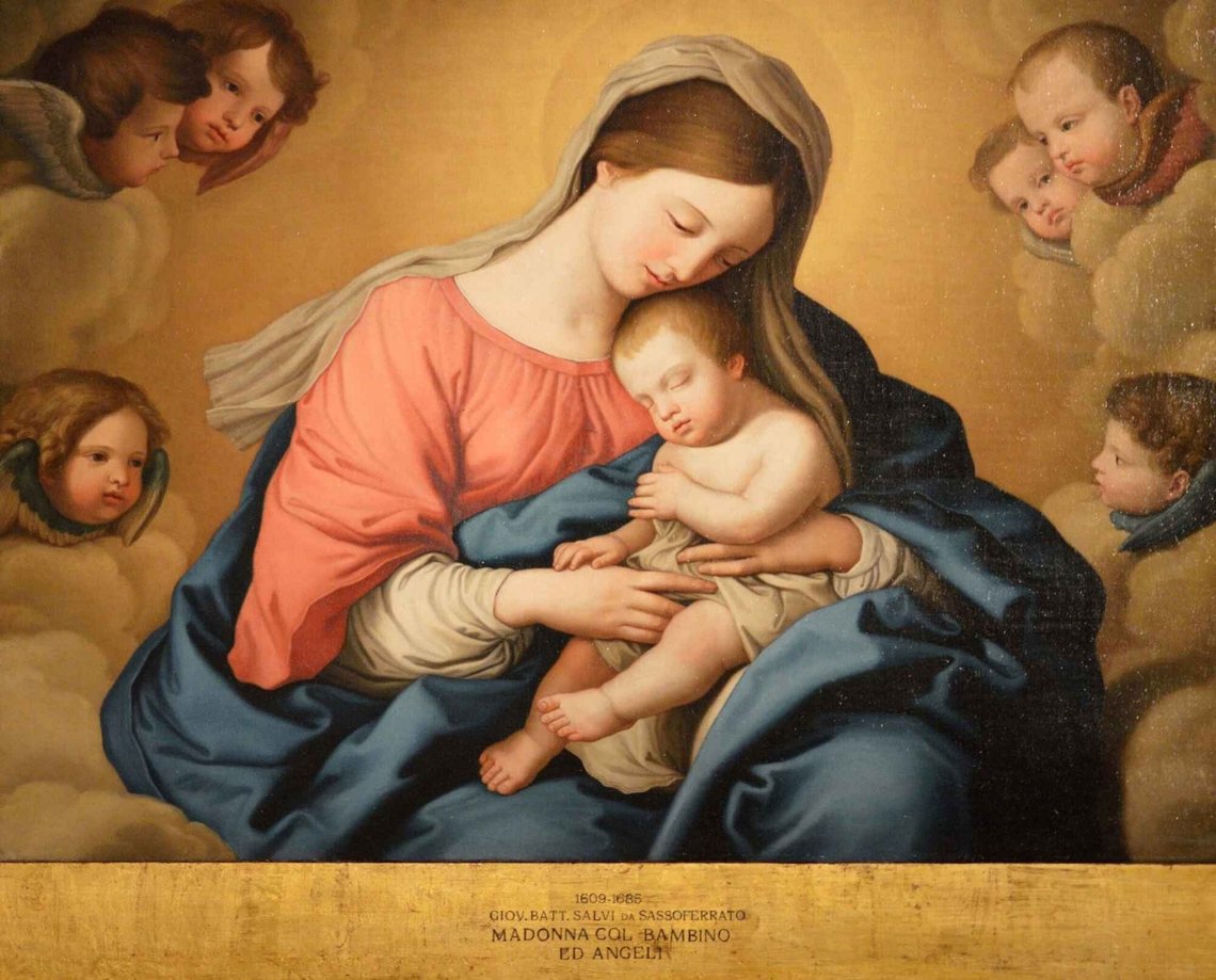 Giovanni Battista Salvi da Sassoferrato (1609–1685), «Jomfru Maria med Jesusbarnet og engler», Galleria Nazionale d’Arte Antica di Palazzo Corsini, Rom. Giovanni Battista Salvi da Sassoferrato (1609–1685), «Jomfru Maria med Jesusbarnet og engler», Galleria Nazionale d’Arte Antica di Palazzo Corsini, Rom.