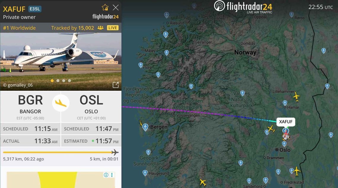 Detta plan sägs vara fredspristagaren María Corina Machados privatplan från Karibien via USA till Oslo. Foto: FlightRadar24 Detta plan sägs vara fredspristagaren María Corina Machados privatplan från Karibien via USA till Oslo. Foto: FlightRadar24