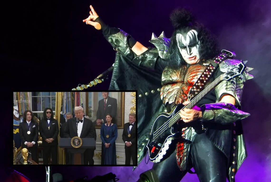 Gene Simmons på Hellfest 2023. Foto: Wikimedia. Infälld bild: Skärmdump från AP-video. Trump delar ut medaljer till Sylvester Stallone, Gloria Gaynor, George Strait, Kiss och Michael Crawford i Vita huset. Gene Simmons på Hellfest 2023. Foto: Wikimedia. Infälld bild: Skärmdump från AP-video. Trump delar ut medaljer till Sylvester Stallone, Gloria Gaynor, George Strait, Kiss och Michael Crawford i Vita huset.