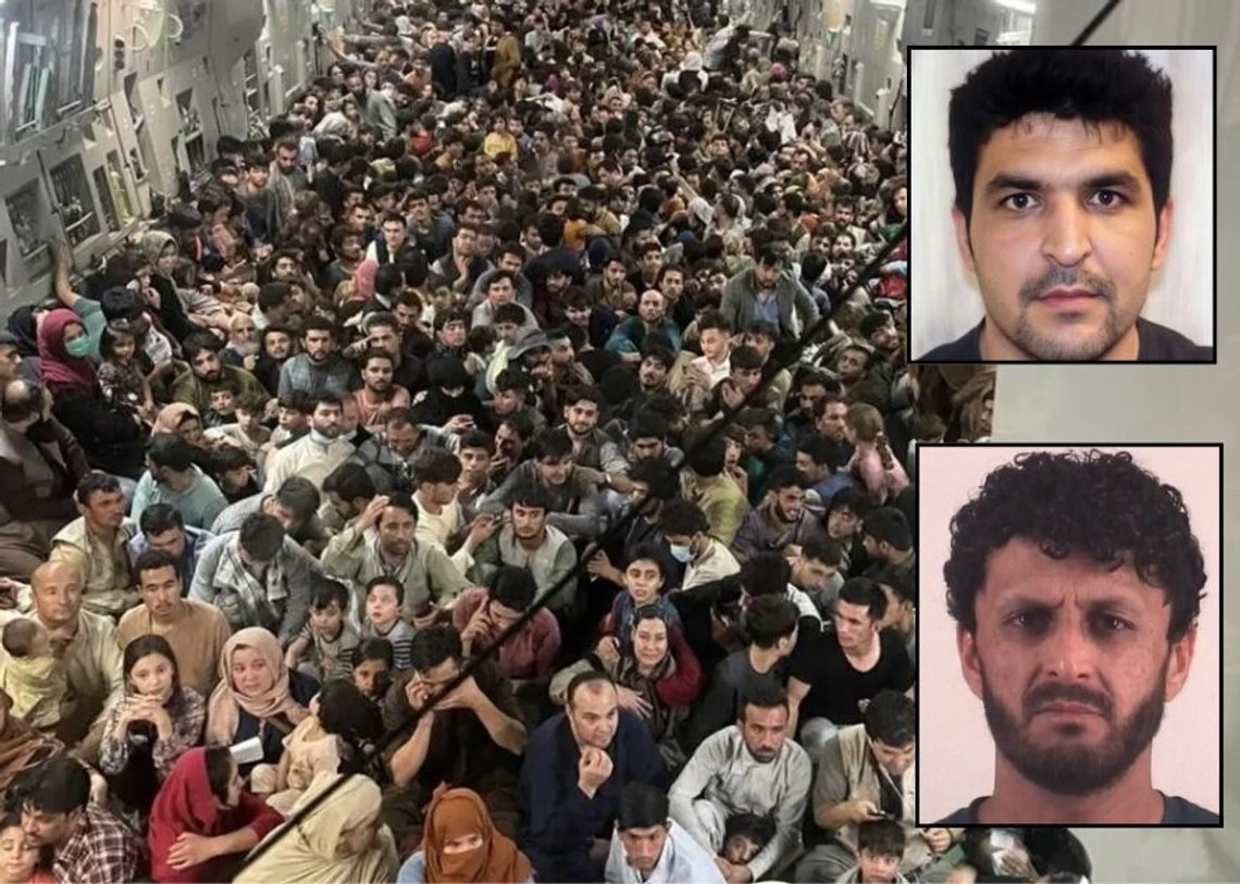 Huvudbild: 823 afghaner evakuerades till USA med flyg RCH871 den 15 augusti 2021. Foto: US Air Force. Infälld bild: Rahmanullah Lakanwal, terrorist från Washington D.C., och Mohammad Dawood Alokozay, som planerade ett självmordsbombningsattentat i Texas. Båda afghanerna kom till USA som en del av Biden-administrationens operation Allies Welcome. Huvudbild: 823 afghaner evakuerades till USA med flyg RCH871 den 15 augusti 2021. Foto: US Air Force. Infälld bild: Rahmanullah Lakanwal, terrorist från Washington D.C., och Mohammad Dawood Alokozay, som planerade ett självmordsbombningsattentat i Texas. Båda afghanerna kom till USA som en del av Biden-administrationens operation Allies Welcome.