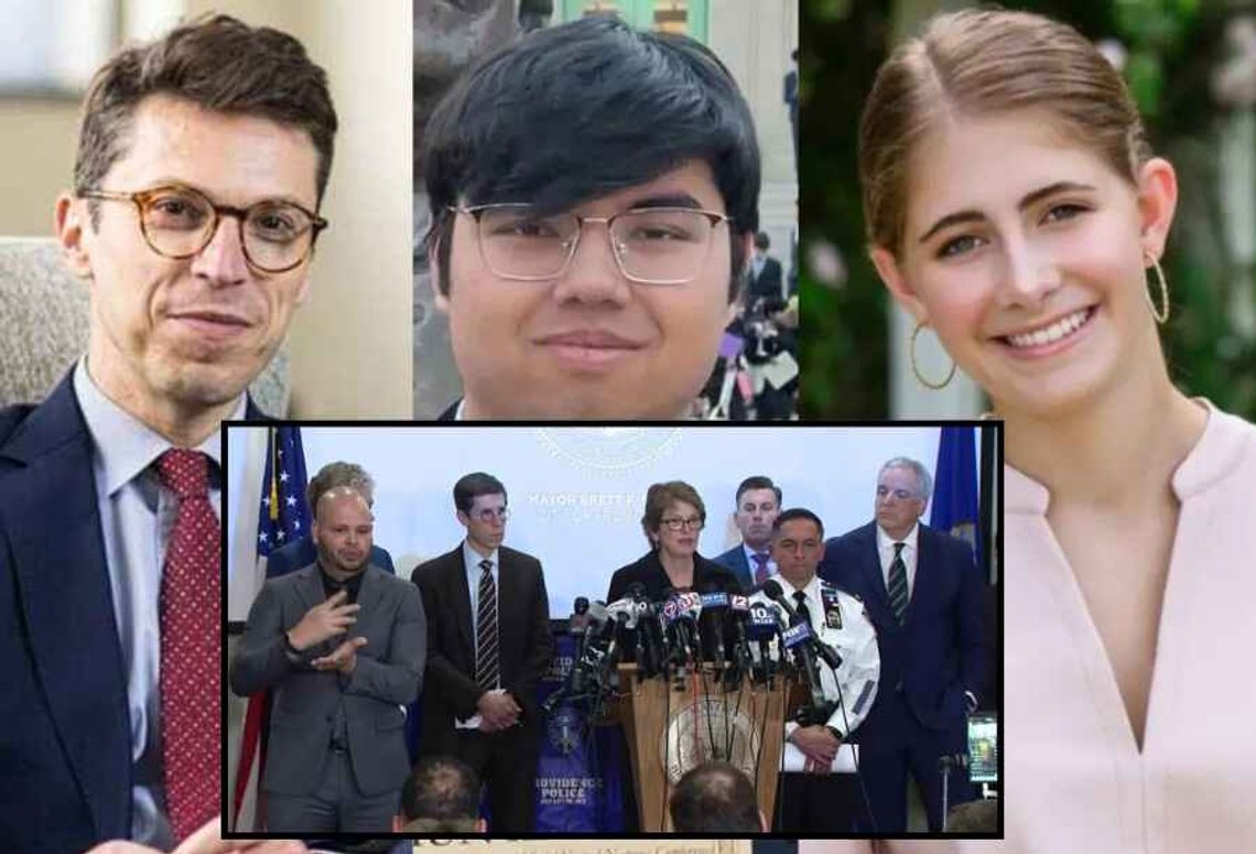 Offren för skjutningen vid MIT och Brown University: fysikprofessorn Nuno Loureiro vid MIT; Mukhammad Aziz Umurzokov och Ella Cook, båda studenter vid Brown. Infälld bild: Presskonferens med ledare och polis vid Brown University. Offren för skjutningen vid MIT och Brown University: fysikprofessorn Nuno Loureiro vid MIT; Mukhammad Aziz Umurzokov och Ella Cook, båda studenter vid Brown. Infälld bild: Presskonferens med ledare och polis vid Brown University.