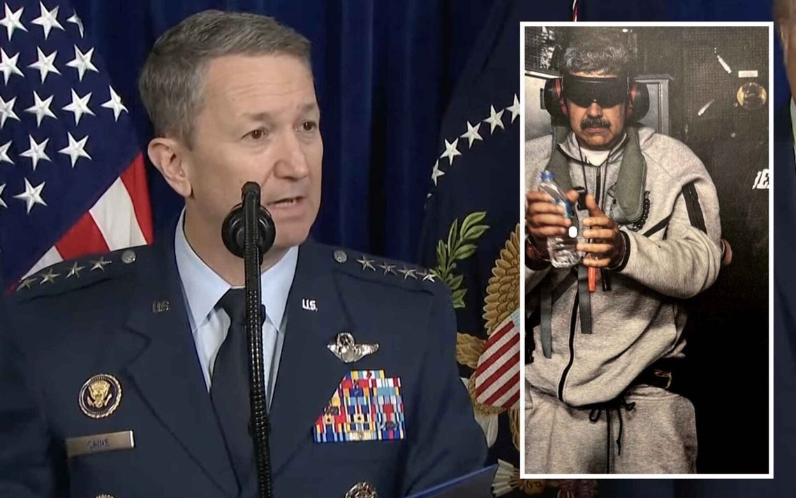 General John David Cain (vänster) med den tidigare diktatorn Nicolás Maduro tillfångatagen på hangarfartyget USS Iwo Jima, infälld bild. Foto: Skärmdump från presskonferensen/ U.S. Armed Forces via Donald Trump/Truth Social General John David Cain (vänster) med den tidigare diktatorn Nicolás Maduro tillfångatagen på hangarfartyget USS Iwo Jima, infälld bild. Foto: Skärmdump från presskonferensen/ U.S. Armed Forces via Donald Trump/Truth Social