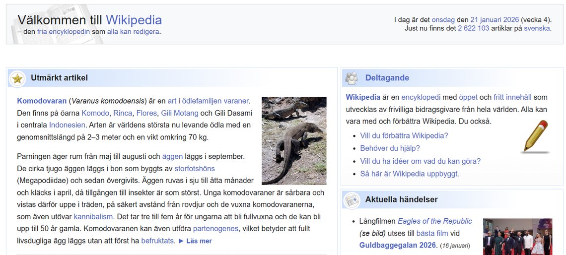 Välkommen till Wikipedia
– den fria encyklopedin som alla kan redigera, står det på hemsidan. Foto: Skärmdump Wikipedia Välkommen till Wikipedia
– den fria encyklopedin som alla kan redigera, står det på hemsidan. Foto: Skärmdump Wikipedia