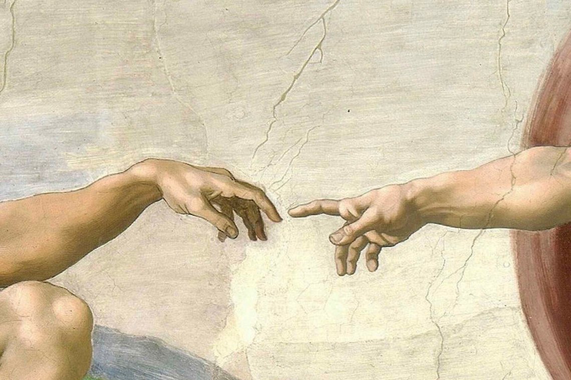 Michelangelo (1475–1564), "Gud skapar Adam" (detalj), Sixtinska kapellet, Vatikanen Michelangelo (1475–1564), "Gud skapar Adam" (detalj), Sixtinska kapellet, Vatikanen