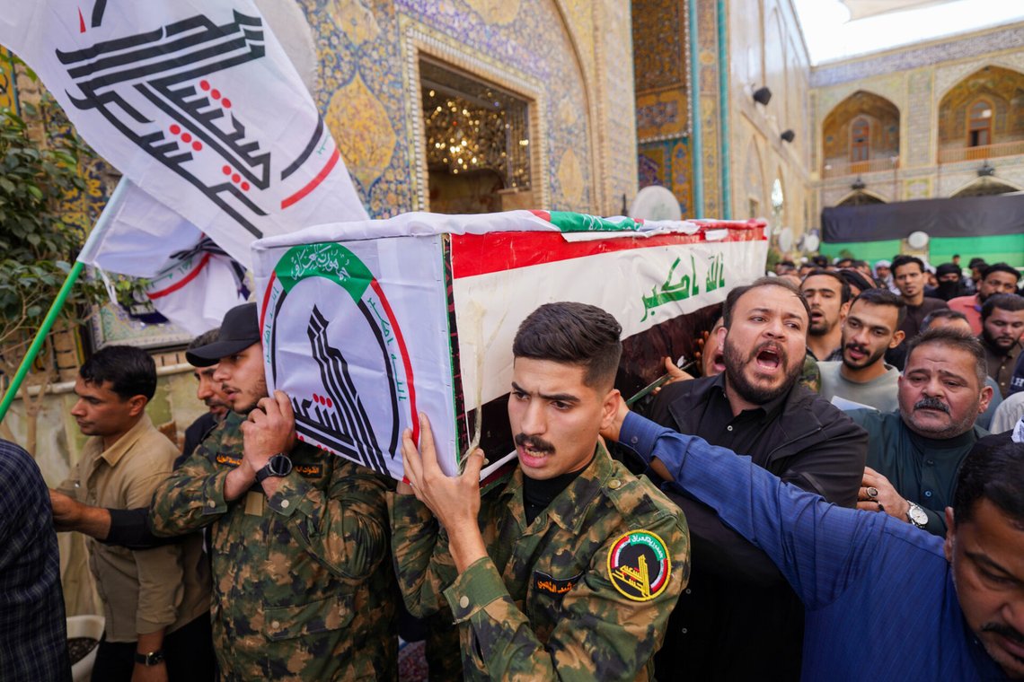 Members of the Popular Mobilization Forces attend the funeral of Iranian-backed Popular Mobilization Forces fighter killed in recent airstrikes on Qaim, Tuesday, March 17, 2026. in Najaf, Iraq. (AP Photo/Anmar Khalil) Members of the Popular Mobilization Forces attend the funeral of Iranian-backed Popular Mobilization Forces fighter killed in recent airstrikes on Qaim, Tuesday, March 17, 2026. in Najaf, Iraq. (AP Photo/Anmar Khalil)