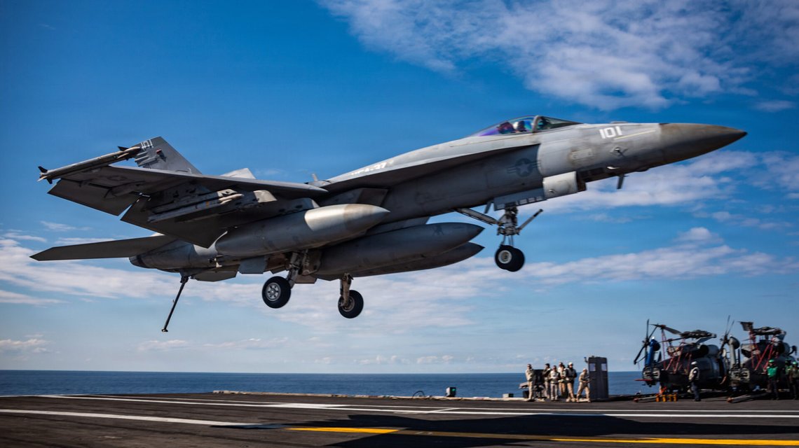 In this image provided by U.S. Central Command, an F/A-18E Super Hornet aircraft, attached to Strike Fighter Squadron 37, lands on the flight deck of the world's largest aircraft carrier, USS Gerald R. Ford (CVN 78), while operating in support of Operation Epic Fury, on March 1, 2026. (U.S. Navy via AP) In this image provided by U.S. Central Command, an F/A-18E Super Hornet aircraft, attached to Strike Fighter Squadron 37, lands on the flight deck of the world's largest aircraft carrier, USS Gerald R. Ford (CVN 78), while operating in support of Operation Epic Fury, on March 1, 2026. (U.S. Navy via AP)