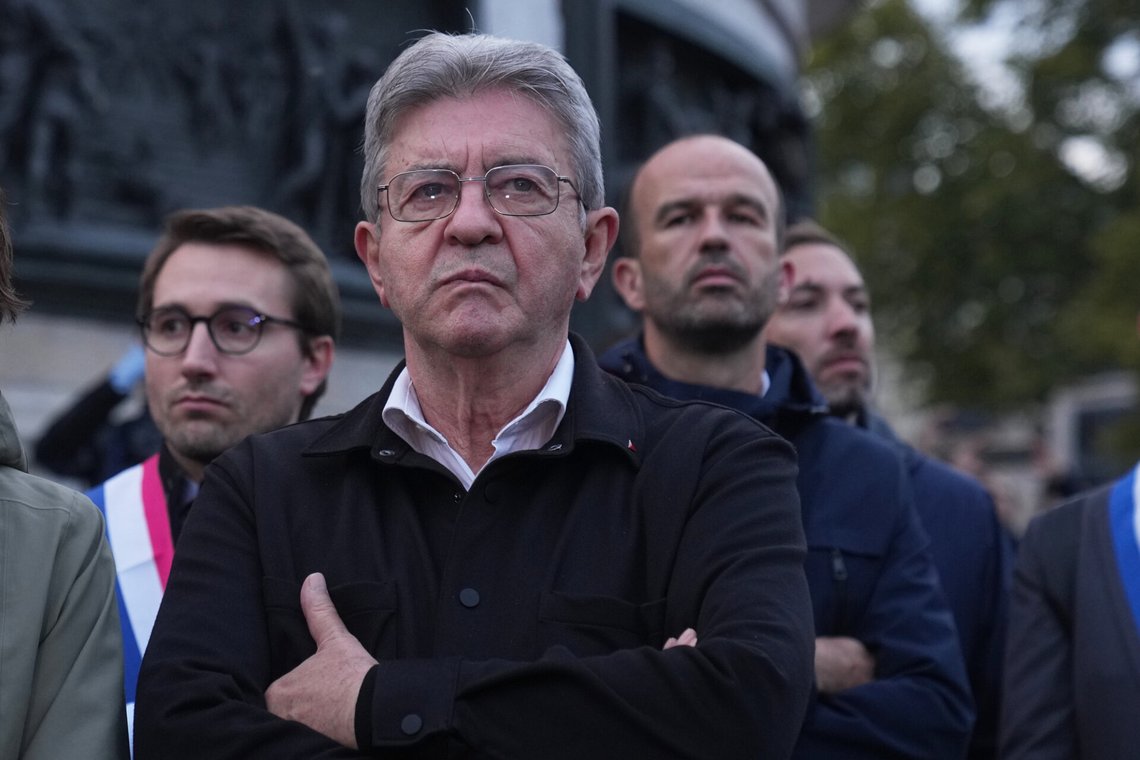 French far-left leader Jean-Luc Melenchon attends a demonstration after a Gaza-bound aid flotilla was intercepted by Israeli Defense Forces in the Mediterranean Sea, Thursday, Oct. 2, 2025 in Paris. (AP Photo/Thibault Camus) French far-left leader Jean-Luc Melenchon attends a demonstration after a Gaza-bound aid flotilla was intercepted by Israeli Defense Forces in the Mediterranean Sea, Thursday, Oct. 2, 2025 in Paris. (AP Photo/Thibault Camus)