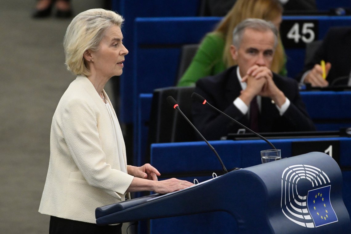 Canada's Prime Minister Mark Carney, right, listens to European Commission President Ursula von der Leyen, during the annual State of the European Union at the European Parliament in Strasbourg, eastern France, Wednesday, Sept 16, 2026. (AP Photo/Pascal Bastien) Canada's Prime Minister Mark Carney, right, listens to European Commission President Ursula von der Leyen, during the annual State of the European Union at the European Parliament in Strasbourg, eastern France, Wednesday, Sept 16, 2026. (AP Photo/Pascal Bastien)