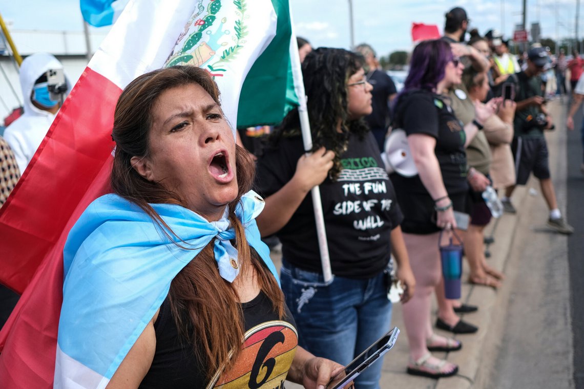 People speak during a demonstration where a man was shot in his vehicle by an ICE officer, Sunday, Sept. 20, 2026, in Austin, Texas. (AP Photo/Joel Angel Juarez) People speak during a demonstration where a man was shot in his vehicle by an ICE officer, Sunday, Sept. 20, 2026, in Austin, Texas. (AP Photo/Joel Angel Juarez)