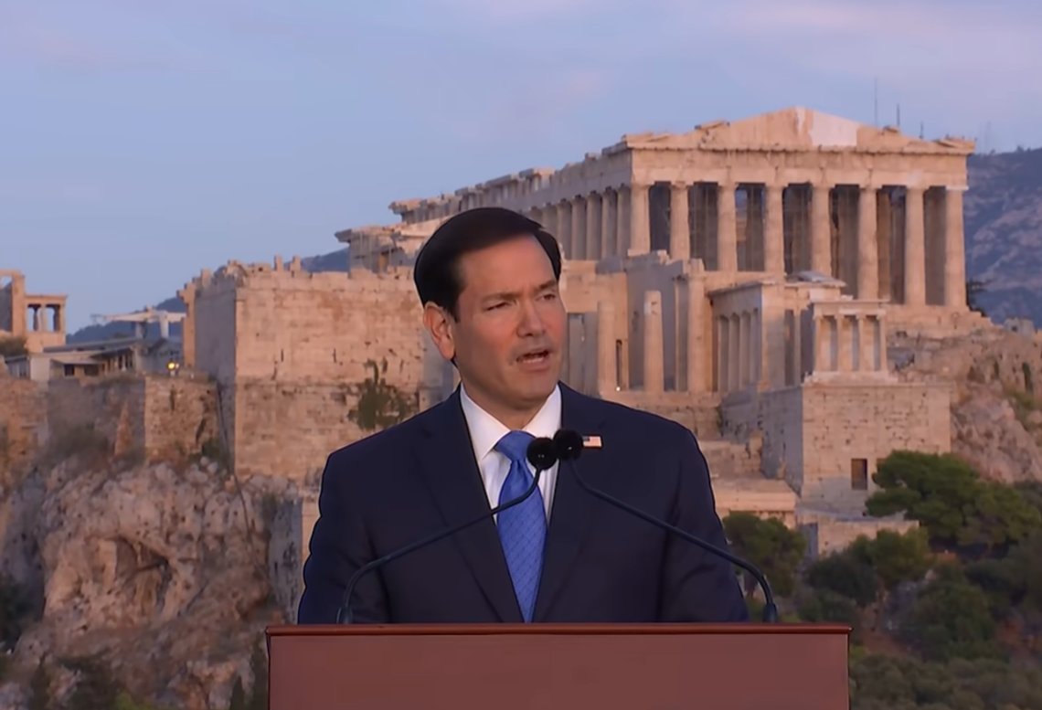 Marco Rubio under sitt tal i Aten, den 7 oktober 2026. Foto: Skärmdump YouTube Marco Rubio under sitt tal i Aten, den 7 oktober 2026. Foto: Skärmdump YouTube
